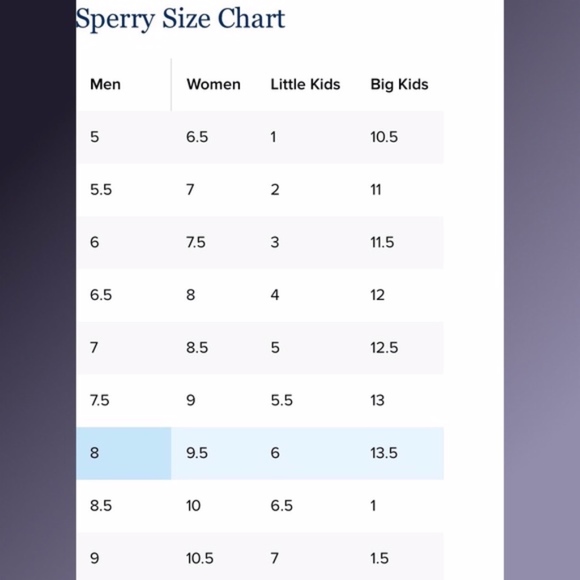 sperrys size chart